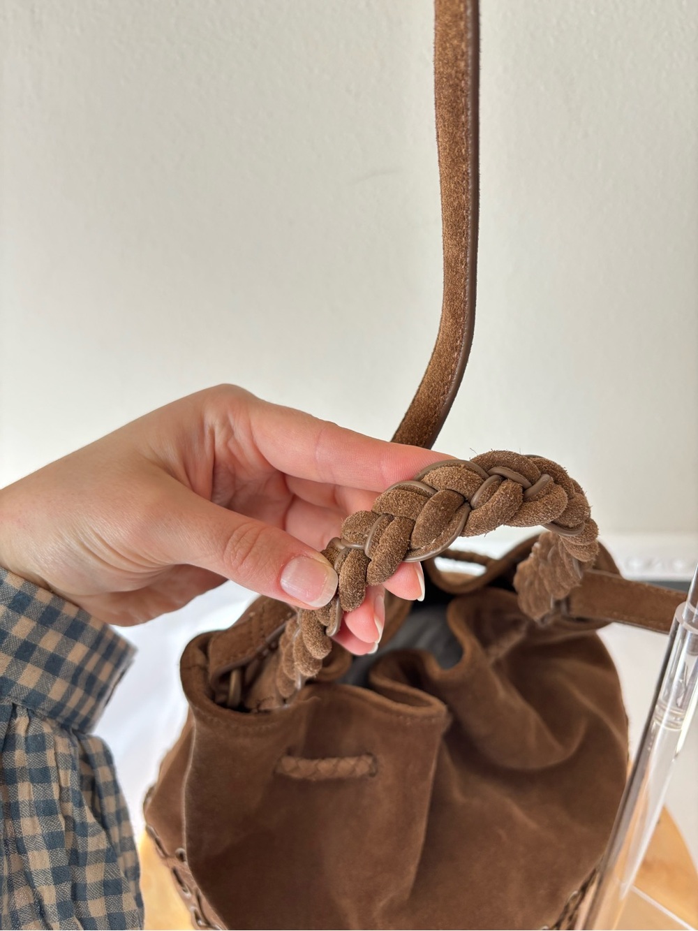 All Saints Estate Shoulder Brown Suede Braided Drawstring Bucket Bag Crossbody - Picture 4 of 12